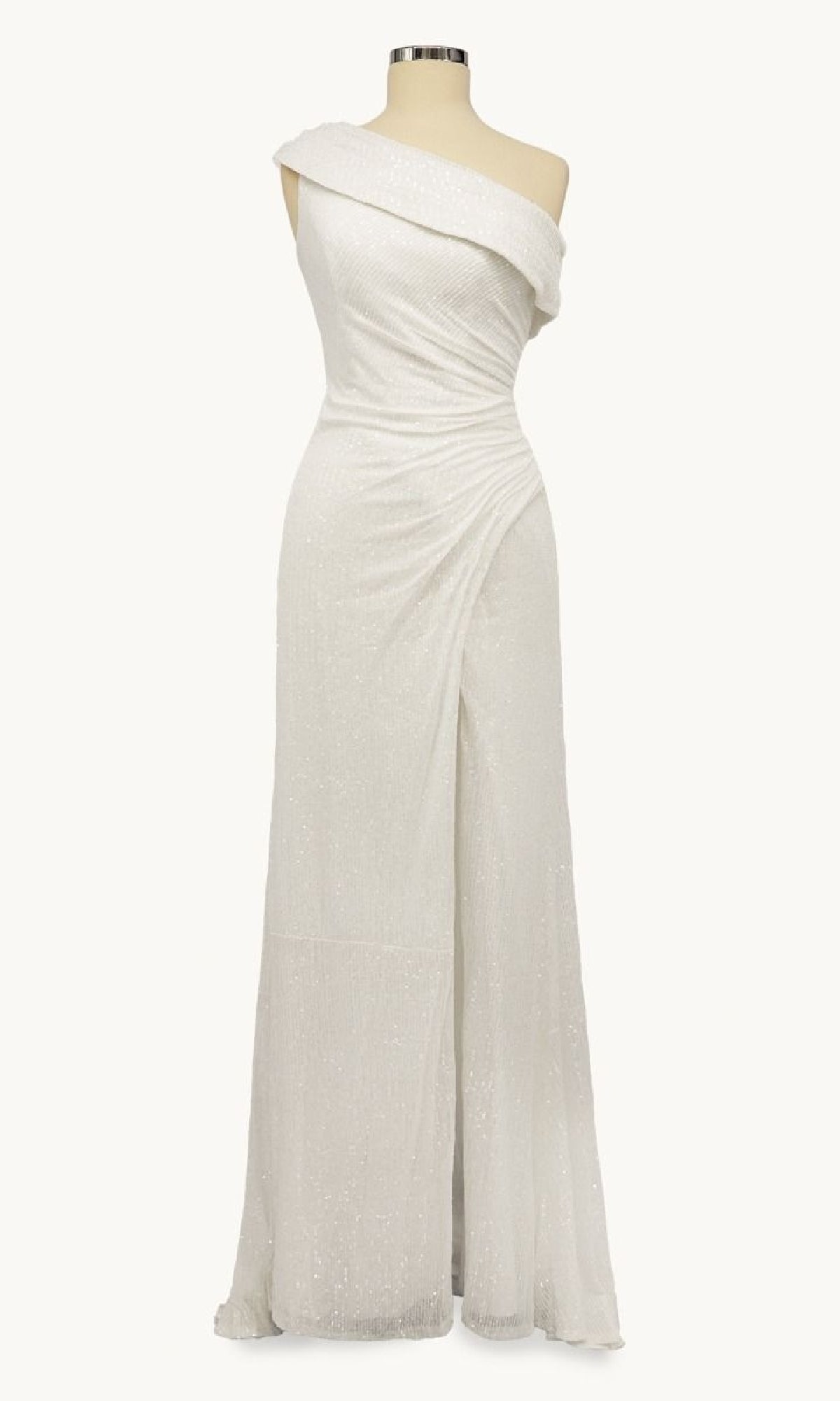 The One-Shoulder Long Sequin Prom Dress: Amoris T806 is a white, floor-length gown with a fitted bodice and subtle wrap detail, showcased on a dress form.